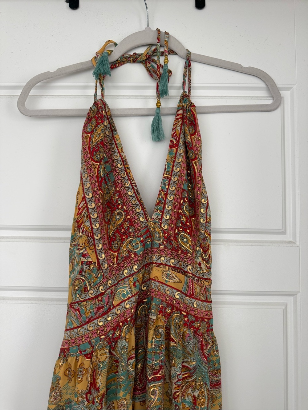 Bohemian Halter Midi Dress in Mustard Paisley - Picture 2 of 6